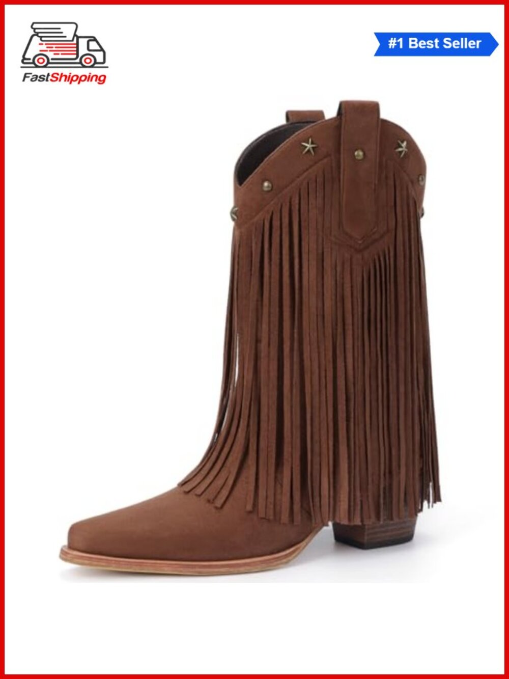 Fringe Cowboy Boots Women Mid Calf Faux Suede Pointed Toe Chunky Heel Star